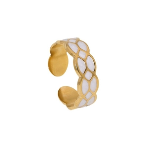 French vintage 18K gold plated stainless steel open ring with white enamel diamond pattern