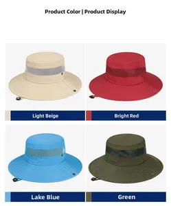 Detailed grid view of wide brim sun hats in four colors with mesh vents and chin straps