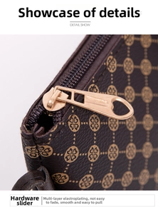 Detail of floral patterned brown leather wallet with heart-shaped golden zipper puller