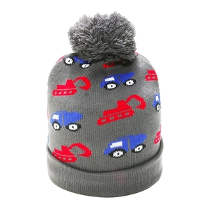 Detail showing high-quality gray knit beanie with colorful truck jacquard patterns