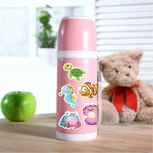 Pink insulated water bottle for kids decorated with waterproof ocean creature cartoon stickers