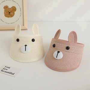 Kids breathable straw sun visor hats with cute cartoon animal ears in beige and tan