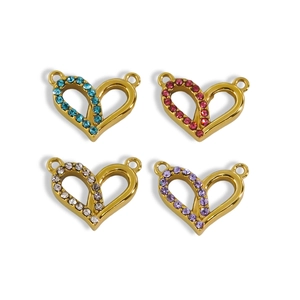 14K gold plated stainless steel heart charms with colorful zircon and double holes