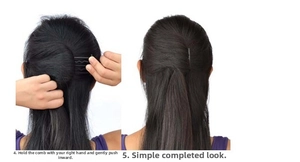 Detail showing the correct placement of a black wavy hair comb for bun styling