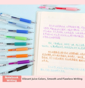 Macro shot of 12-color retractable juice gel pens with smooth ink writing samples