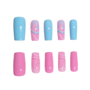 Pink and blue wavy line pattern medium long square press-on nails set of 10 pieces