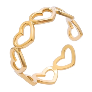 Elegant gold-tone adjustable open ring featuring hollow heart pattern on white background