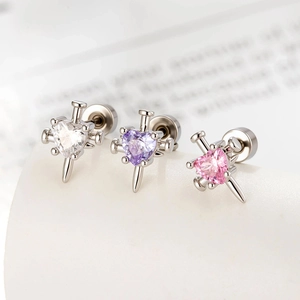 Heart Zircon Titanium Steel Copper Ear Cartilage Stud Piercing Earring Cross Nail Design Gothic Punk Flat Screw Back