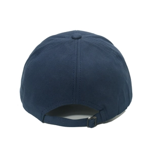Detail view of navy blue cotton baseball cap with adjustable metal buckle strap