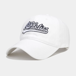 Detailed close-up of white cotton baseball cap with Athletics 3D embroidery and stitching