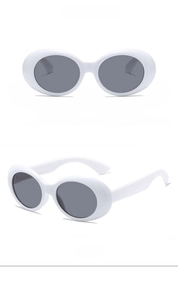 Front- und Seitenansicht der weißen Oval-Sonnenbrille für Kinder mit grauen Gläsern