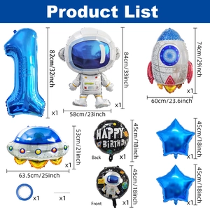Space-themed birthday balloon set with astronaut rocket and number one blue foil balloons
