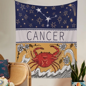 Detailed retro Cancer zodiac tapestry with vibrant red crab and floral patterns
