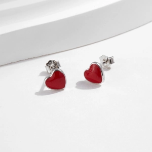 Minimalist S925 sterling silver red heart stud earrings with a glossy enamel finish