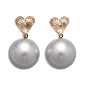 Elegant heart texture gold studs with large grey round faux pearls for women