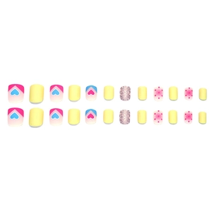 Cute girl style press-on nails with yellow, pink hearts and leopard glitter patterns