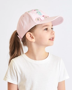 Close-up of pink kids baseball cap with butterfly print and breathable side eyelets