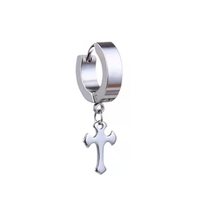 Punk hip-hop stainless steel hoop earring with polished silver cross pendant for men