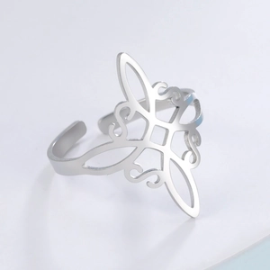 Minimalist stainless steel open ring featuring a hollow Celtic knot square design in silver