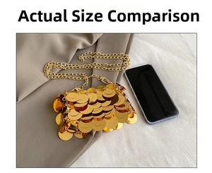 Detailed comparison of mini gold sequin chain bag next to a smartphone for scale