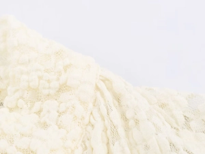 Close-up of white lace fabric detailing intricate floral patterns and woven textures