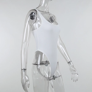 Detail view of white ribbed knit bodysuit with high cut side leg on mannequin