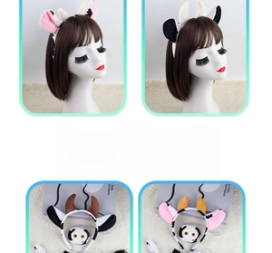 Detailed plush cow headband set with ears horns and tail for Halloween costume parties