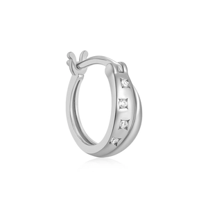 Detailed macro view of S925 sterling silver hoop earrings with four sparkling zircon stones