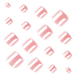 Glossy pale pink press-on toenails in short square shape with shimmering coating