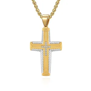 Cross Pendant Necklace Stainless Steel Cubic Zirconia Tire Texture Two Tone Hip Hop Street Style Men Jewelry