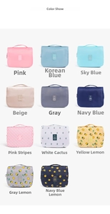 Detailed color selection showing 11 waterproof travel toiletry bags with hooks