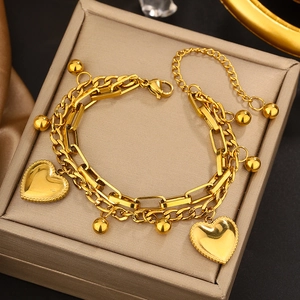 Double-layer gold stainless steel chain bracelet with heart pendants and bead charms