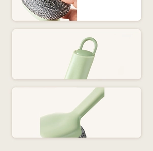 Detailed views of light green kitchen brush with steel wire head and hanging hole