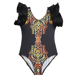 Girls black one-piece swimsuit with bohemian print and ruffled flutter sleeves