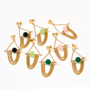 Retro stainless steel tassel earrings with round agate stone in a bohemian design