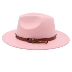 Pink wide brim fedora hat with brown leather belt buckle and classic dented top