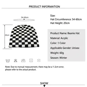 Winter knitted beanie with black and white checkerboard pattern, 54-60cm size guide