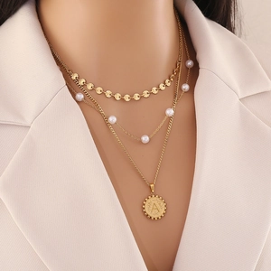 Multi Layer Stainless Steel Necklace For Women With Faux Artificial Pearl Letter A Coin Pendant Gold Plated Elegant Jewelry