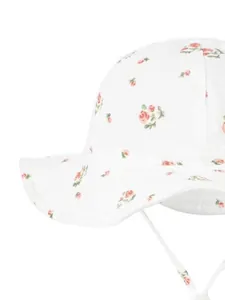 Detailed close-up of a cotton floral baby sun hat with adjustable windproof drawstring
