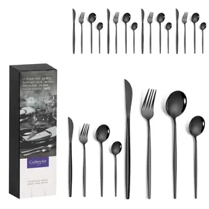 Close-up of 24-piece matte black stainless steel cutlery set with elegant gift box