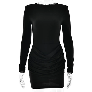 Slim fit black long sleeve ruched bodycon dress with crew neck and high waist style