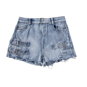 Detail of light blue high waisted denim shorts with side metal buckles and frayed hems
