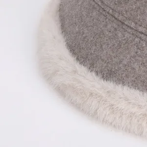 Winter thermal bucket hat for women with fluffy faux fur trim in beige wool blend