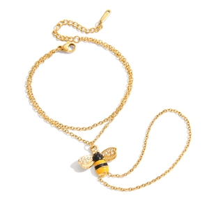 Goldene Edelstahl-Bienenkette mit Emaille-Streifen und Kristallflügeln für Damen