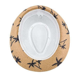 Men's straw jazz hat featuring black coconut tree print and natural paper fiber texture