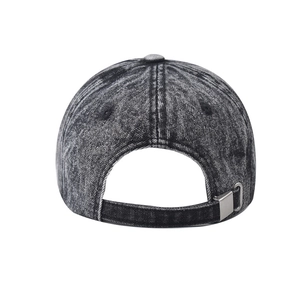 Rear view of washed denim baseball cap with adjustable metal buckle and retro texture