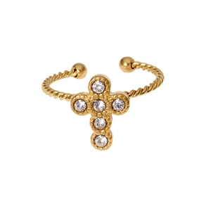 Gold plated stainless steel cross open ring with twisted band and clear zircon stones