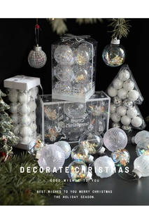 Detailed view of white and transparent Christmas ball ornaments in a festive gift box