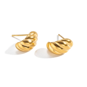 Luxe 18K gold plated stainless steel C-shape twisted hoop earrings with ribbed texture