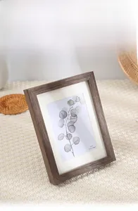 Detailed view of dark wood picture frame with white mat and eucalyptus leaf art